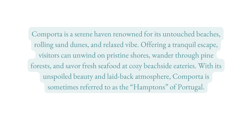 Comporta is a serene haven renowned for its untouched beaches rolling sand dunes and relaxed vibe Offering a tranquil escape visitors can unwind on pristine shores wander through pine forests and savor fresh seafood at cozy beachside eateries With its unspoiled beauty and laid back atmosphere Comporta is sometimes referred to as the Hamptons of Portugal